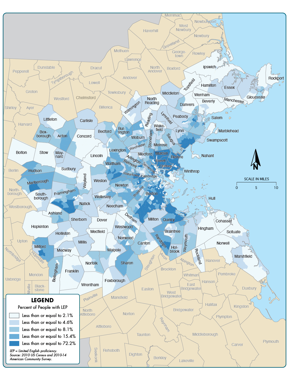 Figure 6-3 is a map showing the percent of the population that has limited English proficiency across the 97 communities in the Boston region.